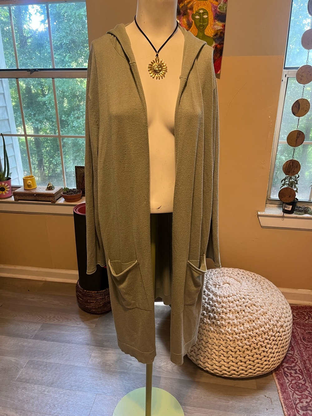 Light Olive Green Hooded Open-Front Women's Sweater Cardigan Oversized